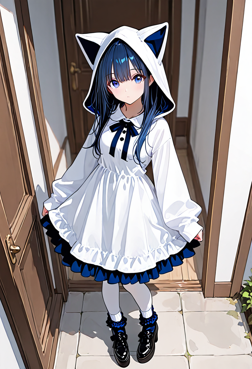 masterpiece, ultra-HD, very aesthetic, 8K, high detail, depth of field, score_9, score_8_up, 
BREAK
BREAK
1 girl, solo, full body, standing, front view, 
BREAK
bustle skirt, white dress, sleeves past wrists, white Hood, 
BREAK
white pantyhose, dark blue frilly socks, oversize high platform shoes, 
BREAK
<lora:Cat_hood_One-piece_setã­ãã¿ã¿ãã¼ãã¯ã³ã:1>,