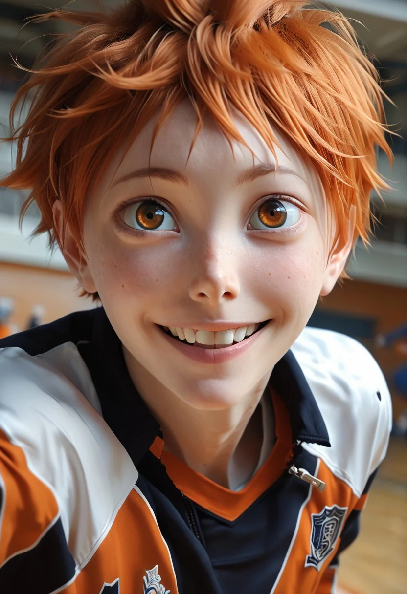 score 9, score 8, score 7, score 6, film grain, indoor, gym, camera angle, 1 boy, solo, hinata shoyo, orange hair, orange eyes, volleyball uniform, smile, looks up at the viewer <lora:shounen_zoomXL_ot_v4d-AMXL_V2 Score:0.95> <lora:Hinata_Shoyo:0,75>