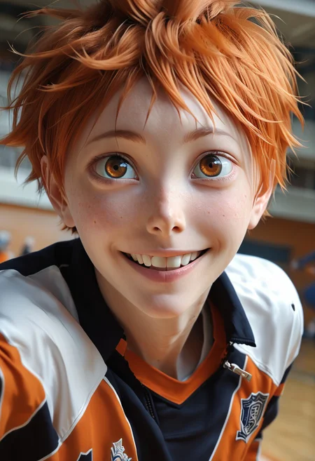 score 9, score 8, score 7, score 6, film grain, indoor, gym, camera angle, 1 boy, solo, hinata shoyo, orange hair, orange eyes, volleyball uniform, smile, looks up at the viewer <lora:shounen_zoomXL_ot_v4d-AMXL_V2 Score:0.95> <lora:Hinata_Shoyo:0,75>