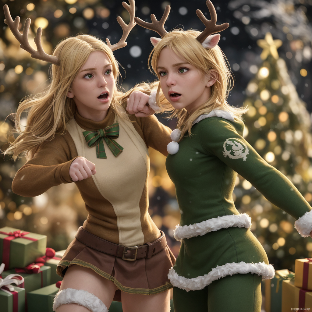 action photo of a girl, (fighting stance), with blonde hair, slapping a (brown) reindeer on the face, 
Snow, (christmas lights), christmas tree, (yellow ornaments), 
intricate details, photorealistic, realistic, depth of field, best quality, 8k uhd, high quality, (masterpiece:1), (best_quality:1), ultra high res, ultra-detailed, photography, 8K, HDR, (absurdres:1.2), (bokeh:1.2), professional photograph, (mistletoe emblem), (photorealistic), <lora:mistletoe_mercenaries:1>, (comic book battle), battle, duel,