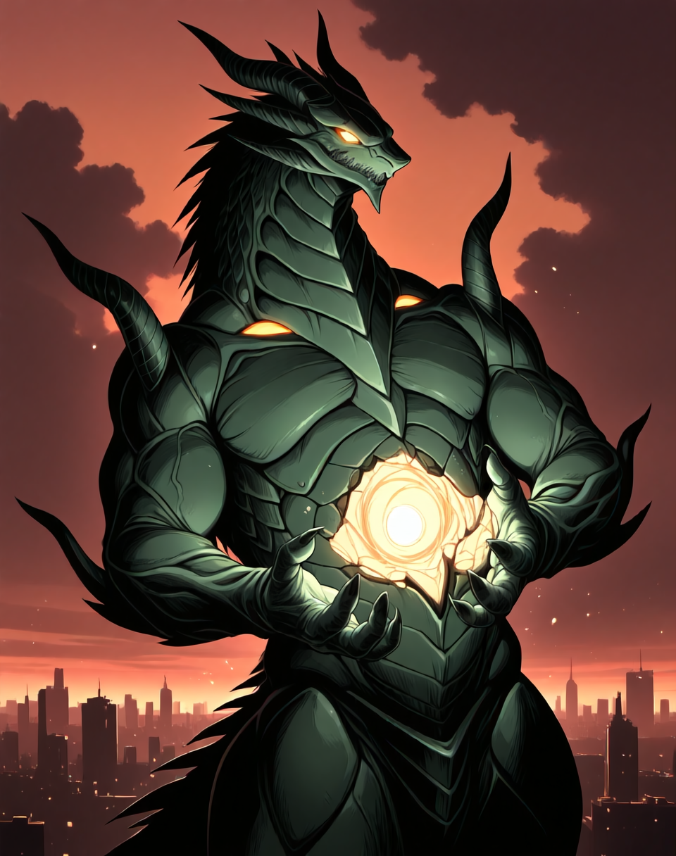 score_9, score_8_up, score_7_up,
8K, In'ei, chiaroscuro, cinematic side lighting, perfect depth of field shot, masterpiece, beautiful, sharp focus, crisp details,
<lora:Draglord_(Guyver)_(Illustrious)_(AD):1> Draglord, Guyver, dragon, 
exterior, science fiction, sky with anime clouds, summer, hot day, city skyline, 
dynamic action, bent leg, cowboy shot, 
green body, green skin, titanic, gigantic, kaiju, glowing eyes, 
BREAK Smooth Quality, IllusP0s, lazyhand, lazympos, lazynsfw,