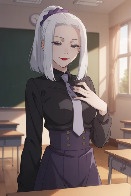 score_9, score_8_up, score_7_up, score_6_up, score_5_up, score_4_up, BREAK source_anime, 1girl, solo,
<lora:MeimeiXL-v1-06:0.8>, ChopioMeiMei, white hair, looking at viewer,
medium breasts, purple nails,
medium hair, high ponytail, sidelocks, hair scrunchie, parted bangs, purple eyes, half-closed eyes, red lipstick,
outfit_2, black shirt, shirt tucked in, necktie, purple skirt, high-waist skirt,
school, classroom, standing, seductive smile,