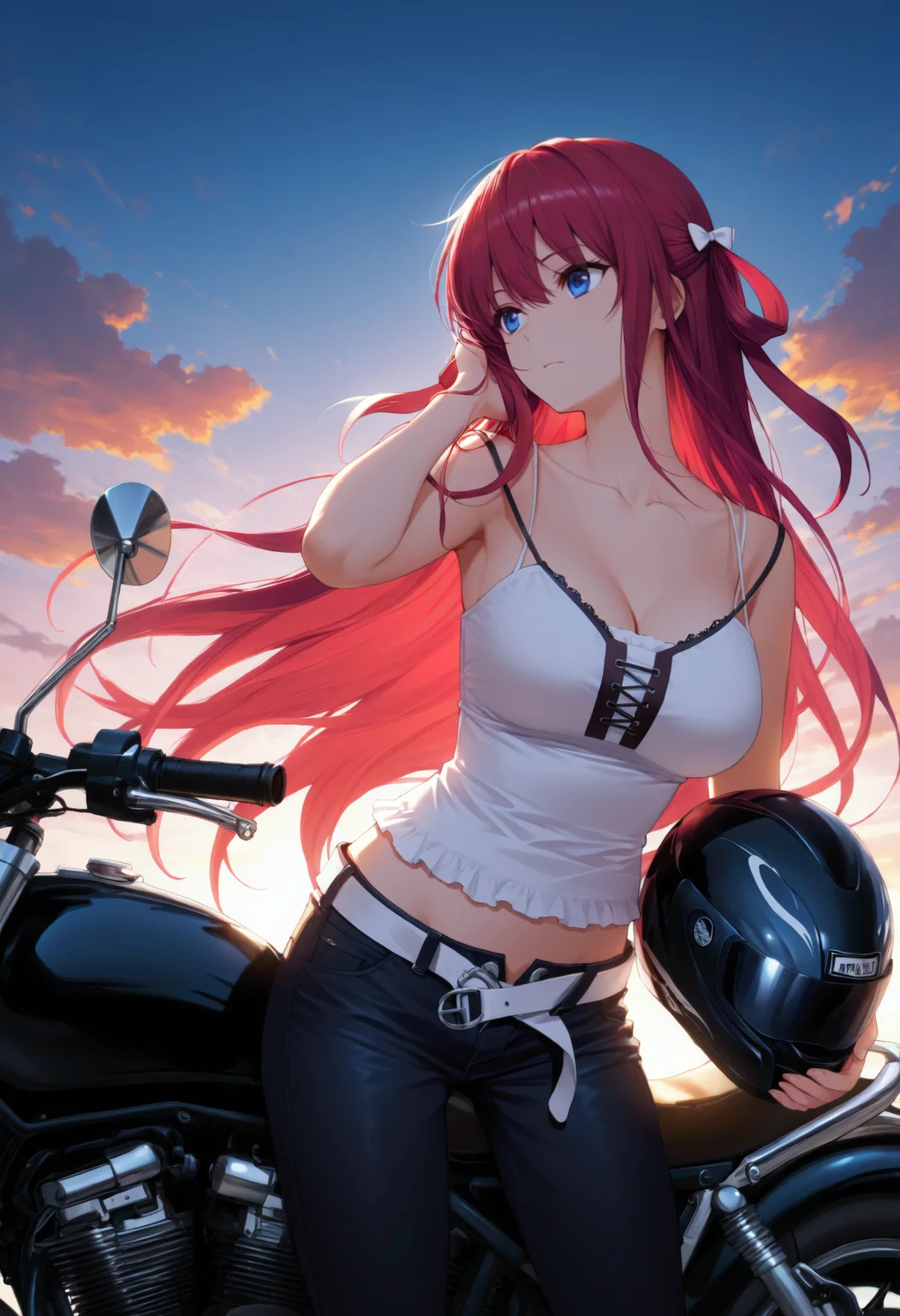 <lora:Char_SuouAmaneV2:1>, red hair, long hair, blue eyes, two side up, hair bow, white bow, hair rings,
white camisole, black strap, black trim, crop top, cleavage, collarbone, midriff, open belt, white belt, black jeans,
motor vehicle, motorcycle, holding helmet, hand up, floating hair, hand in own hair, head tilt, sky, cloud, leaning, looking afar, backlighting, dusk, masterpiece, best quality