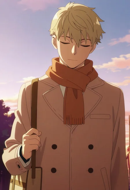 masterpiece,best quality,amazing quality, twilight, blonde hair, short hair, anime coloring, 1boy, male focus, closed eyes, solo, upper body, sky, bag, outdoors, scarf, day