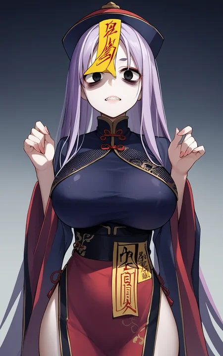 score_9,score_8_up,score_7_up,
<lora:jiangshiPony:1>,
jiangshi, 1girl, solo, long hair, ofuda, teeth, breasts, purple hair, looking at viewer, large breasts, dress, black eyes, bags under eyes, chinese clothes, talisman, long sleeves, hands up