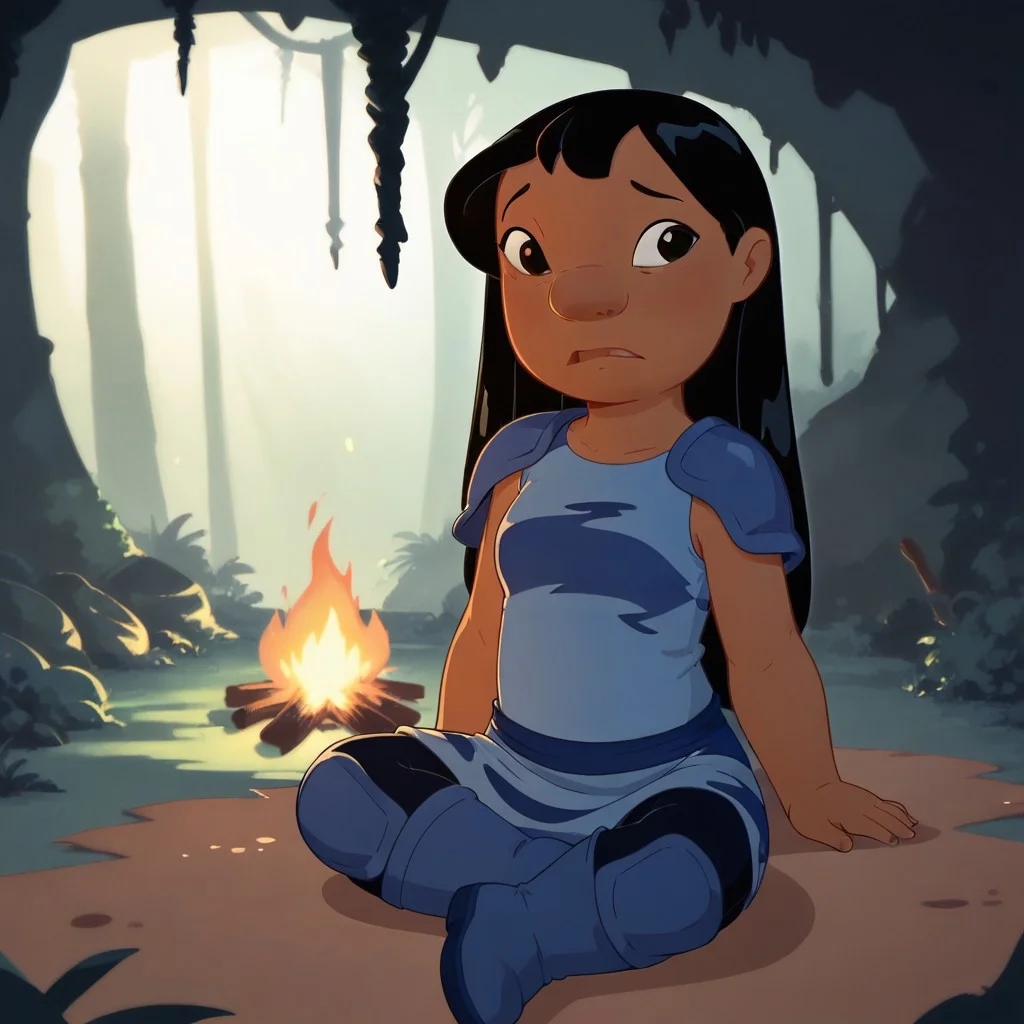 score_9, score_8, score_7, break, solo, female child, lilo_pelekai, dark skin, black hair, long hair, black eyes, blue armor, leggings, shoulder armor, boots, jungle, cave, campfire, natural lighting
