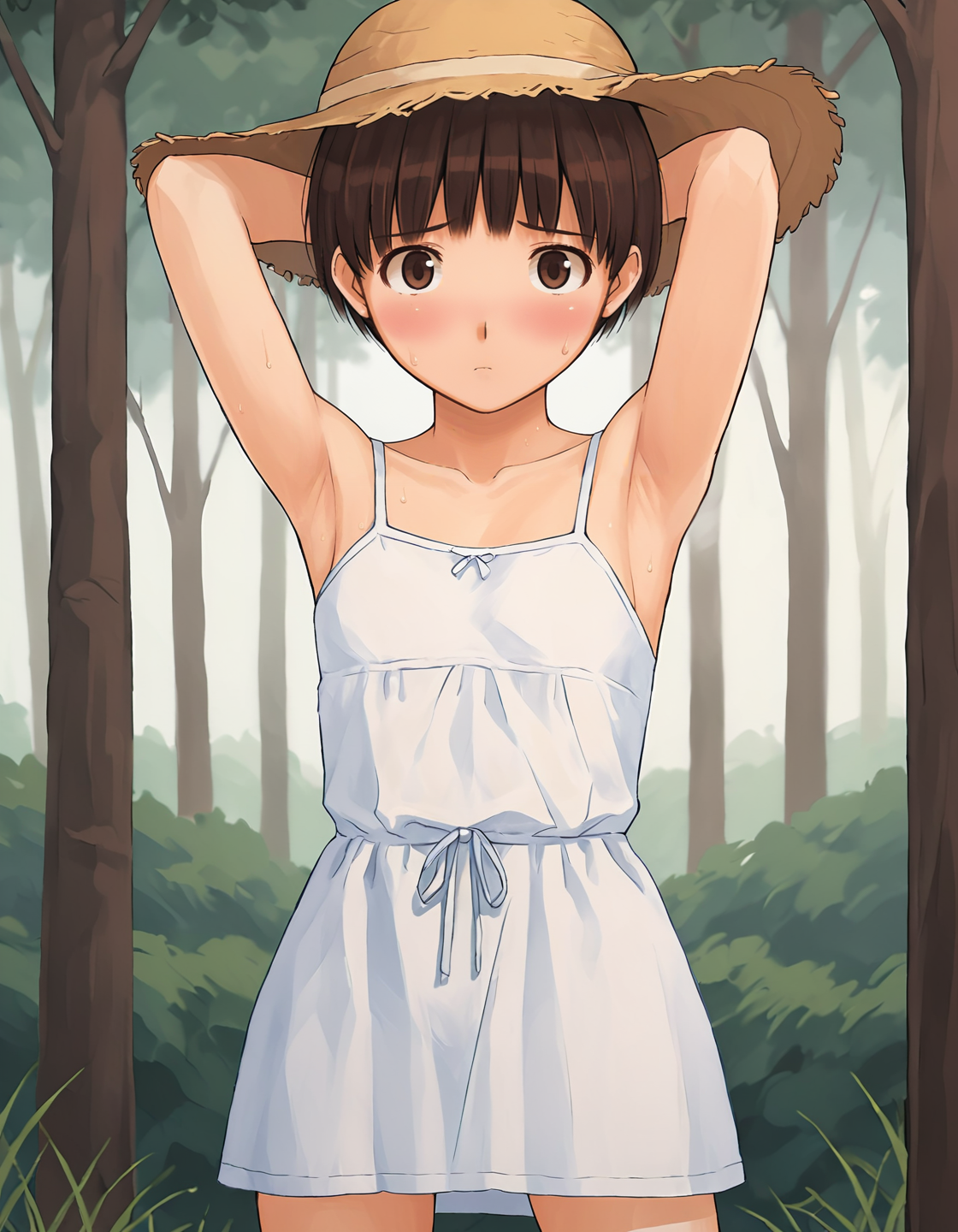score_9, score_8_up, score_7_up, score_6_up, score_5_up, score_4_up, <lora:NarumiS_T1V0:0.85>, <lora:sdxl_lightning_8step_lora:1>,
source_anime, 1girl, solo,
NarumiS_T1V0, brown hair, short hair, brown eyes, 
white dress, sundress, short dress, collarbone, bare shoulders, straw hat, 
standing, arms behind head, armpits, 
looking at viewer, blush, raised eyebrows, light frown, sweat, steaming body, 
outdoors, forest, tree, cowboy shot,