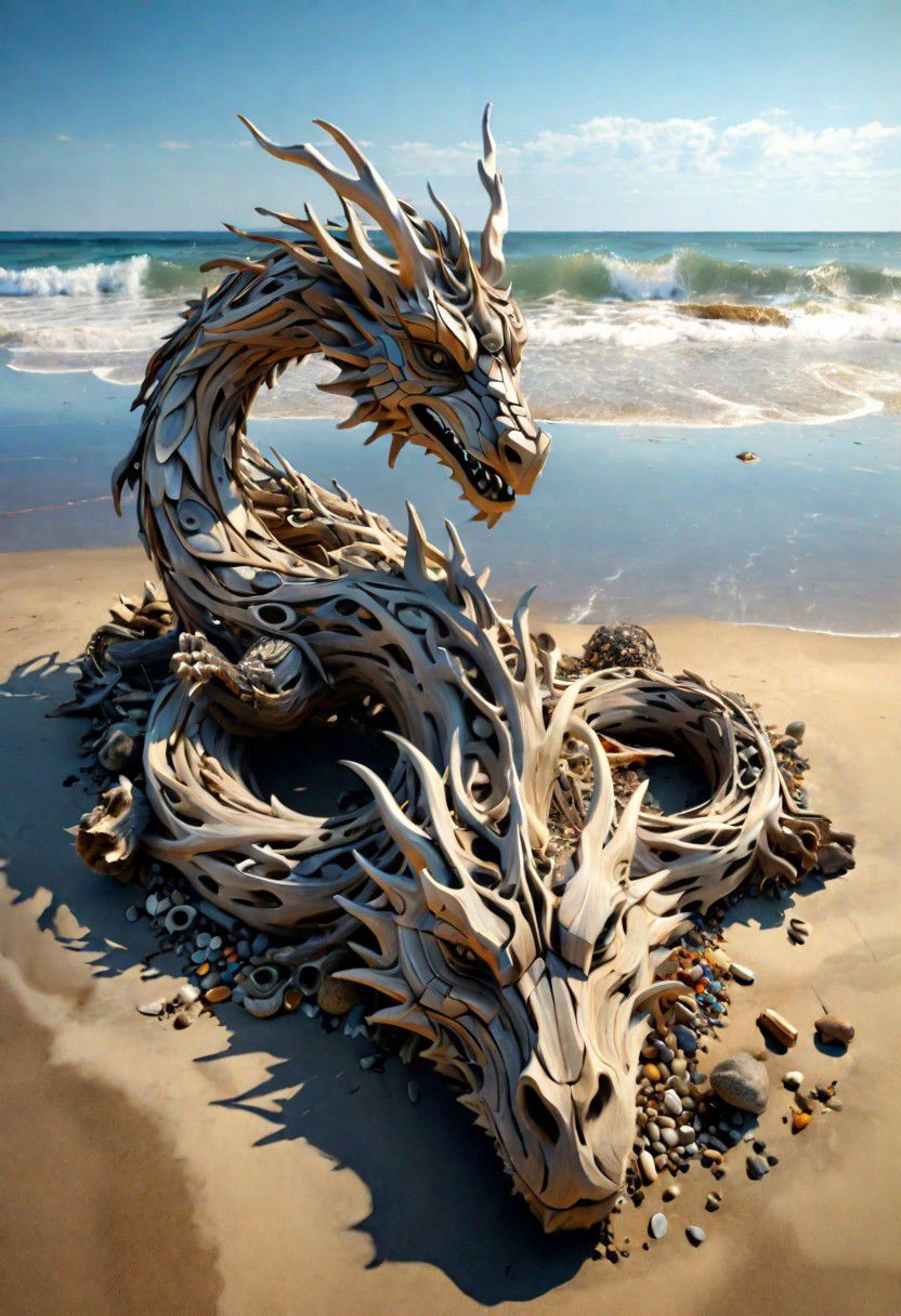 (drift wood washes up on the shore, all the tiny parts of drift wood form together to create a perfect  shape of a large dragon lying on the shore), abstract, 3d render, strong, insanely intricate details, (masterpiece), breathtaking natures art work