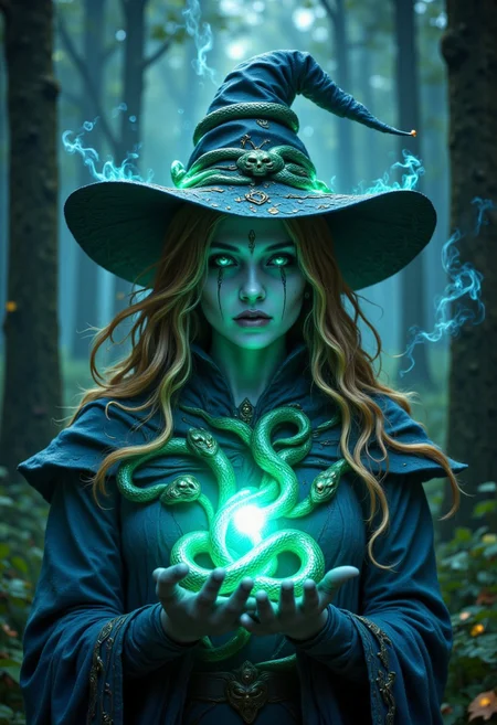 A hyper-realistic fantasy scene featuring a beautiful witch with blue eyes. Close-up on her white pale face illuminated by the soft glow of bioluminescent light. Her wild, voluminous hair is a mix of deep blonde and shimmering gold, with roses and skulls woven throughout. Her robe and cloak is blue adorned with jade snakes theme. Her witch hat have jade live snake swirling around it. The background is a dimly lit forest with jade snakes swirling around trees. Soft tendrils of iridescent smoke curl around her, refracting light in mesmerizing patterns. The scene is captured in stunning 8K resolution, with a cinematic depth of field that accentuates the intricate details of her attire and surroundings. The overall composition conveys a sense of mystery and enchantment. <lora:jadesnakeflux-000001:0.80> jade_snake, <lora:FluxMythR3alisticF:0.6> <lora:Hand v2:0.3> <lora:flux_dev:1>