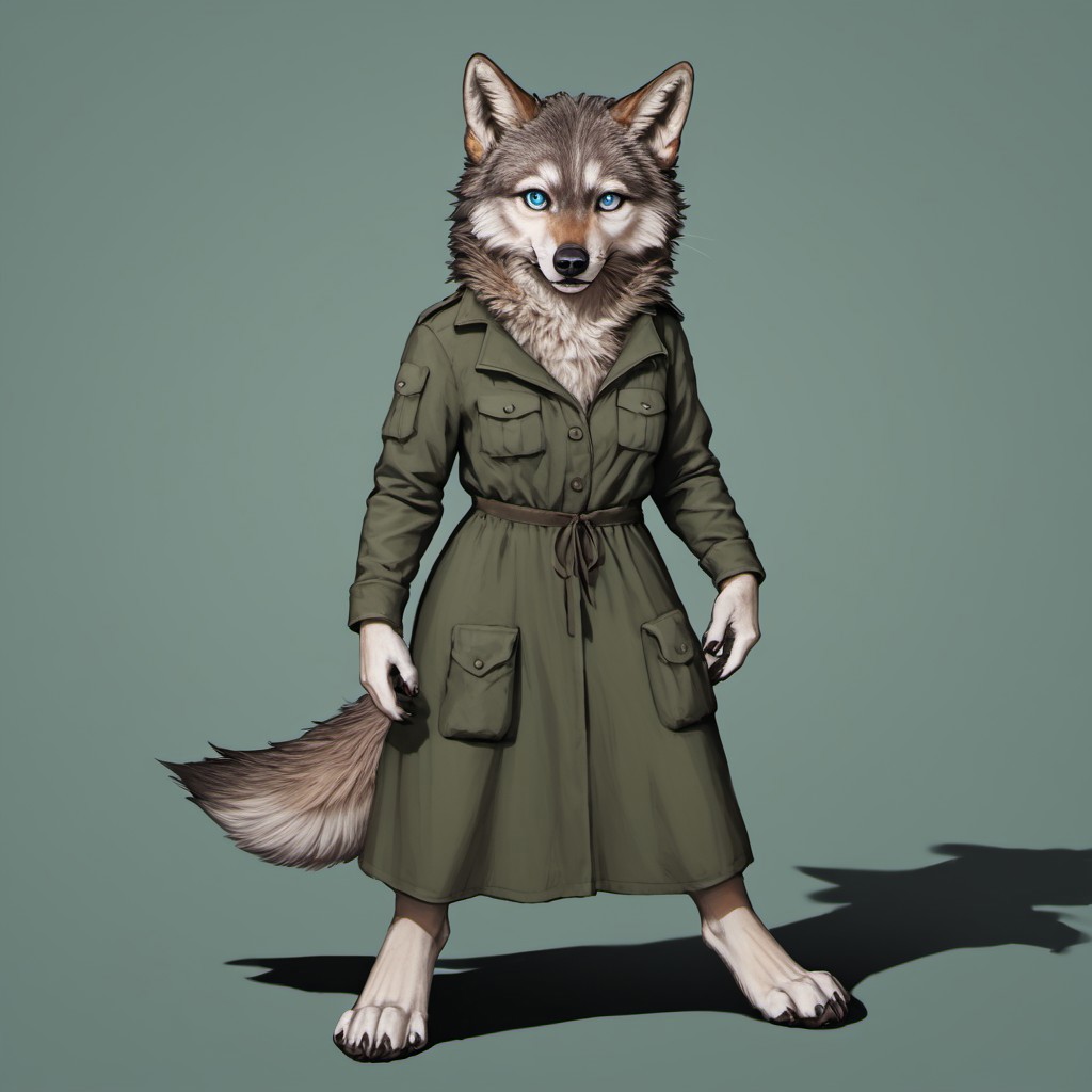 score_9, score_8_up, score_7_up, source_furry, detailed face, detailed eyes, incredible detail BREAK 1girl, solo, anthro, wide shot (furry female, wolf, light brown fur, monotone fur, light blue eyes,slightly wide hips, small breasts), black nose, whiskers, ear flop, solo, looking at viewer, telegramstickerxl, white outline, drop shadow, simple background, green background, full body, hunter outfit, archer outfit