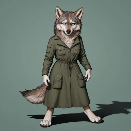 score_9, score_8_up, score_7_up, source_furry, detailed face, detailed eyes, incredible detail BREAK 1girl, solo, anthro, wide shot (furry female, wolf, light brown fur, monotone fur, light blue eyes,slightly wide hips, small breasts), black nose, whiskers, ear flop, solo, looking at viewer, telegramstickerxl, white outline, drop shadow, simple background, green background, full body, hunter outfit, archer outfit