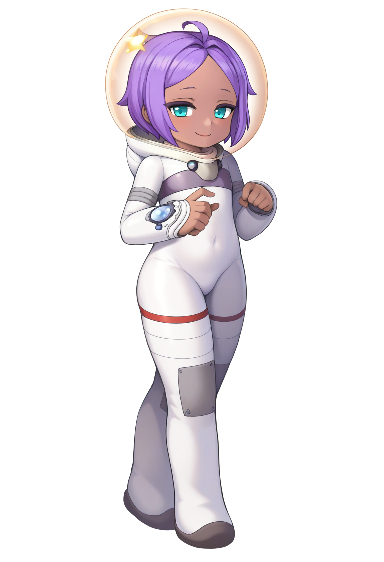 best hands, 5 fingers, <lora:coco(Various styles)_IL1.3:1>full body, looking at viewer, seductive pose
coco, 1girl, solo, purple short hair, blue eyes, ahoge, aqua eyes, dark-skinned female, parted bangs, smile, flat chest, small ass, 
covered navel, white bodysuit, (space helmet:1.2),
official art,
white background,