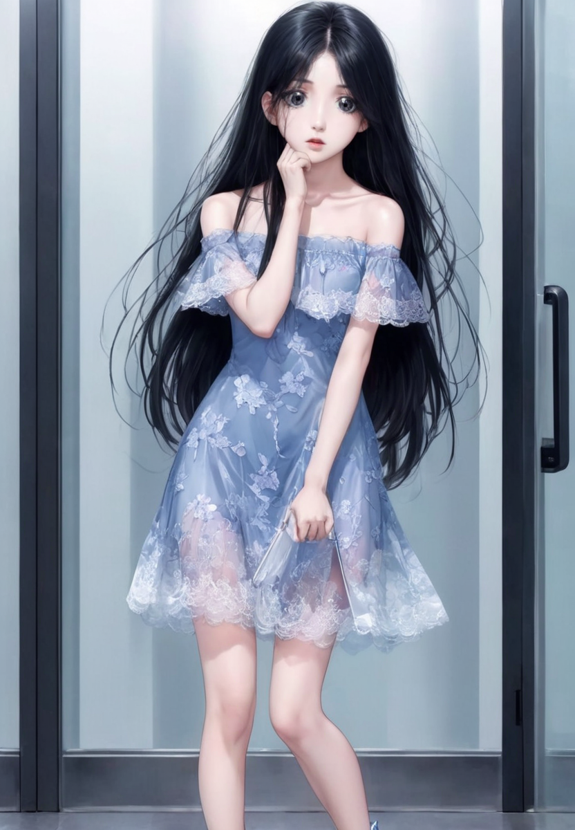 <lora:baobao_XL_0_-000004:1.5>,baobao,1girl,expression numbness,scatter long straight black hair,simple background,grey_pupils,glass doors and security guards in the background,blue lace print off-shoulder dress,high heels,