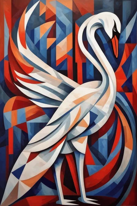 <lora:Natalia Goncharova Style:1>Natalia Goncharova Style - cubism style painting of a swan. picasso art. dynamic poses. full body