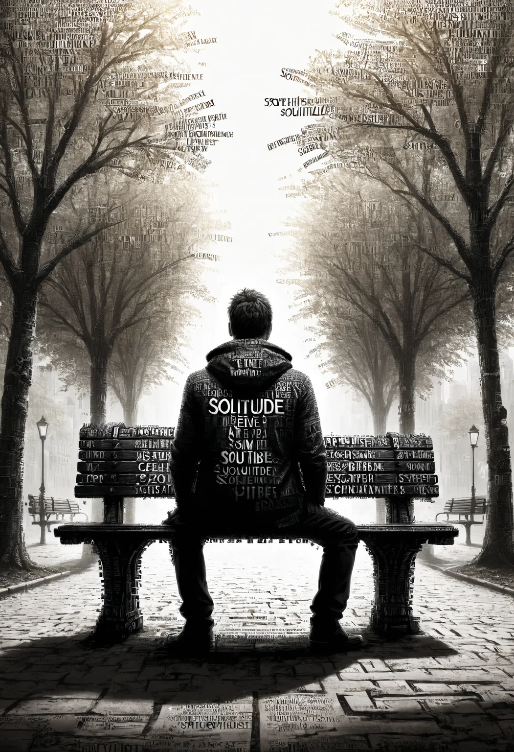 a park bench dvr-txt game, fullbody shot, asymmetrical, splashscreen, trending on artstation, highly detailed, digital art, text logo "SOLITUDE" <lora:dvr-txt:1.1>