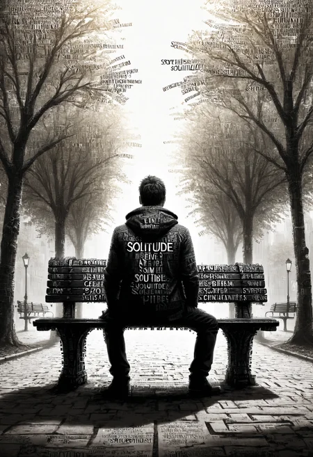 a park bench dvr-txt game, fullbody shot, asymmetrical, splashscreen, trending on artstation, highly detailed, digital art, text logo "SOLITUDE" <lora:dvr-txt:1.1>