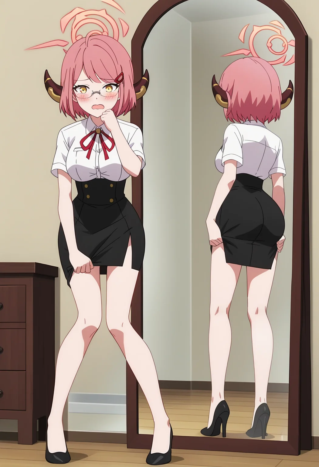 score_9, score_8_up, score_7_up, source_anime, rating_explicit, anime screencap, anime coloring,
BREAK
1girl, solo,
aged down, aruYNG, breasts, short hair, bangs, hair ornament, yellow eyes, white shirt, pink hair, short sleeves, horns, glasses, collared shirt, black skirt, black footwear, high heels, red ribbon, legs, bare legs, neck ribbon, halo, pencil skirt, high-waist skirt, looking at mirror, reflection, mirror, open mouth, shy, blush, wavy mouth, ;o, indoors, bedroom, covering privates, skirt pull,
<lora:shiAruV2-000014:0.9>,