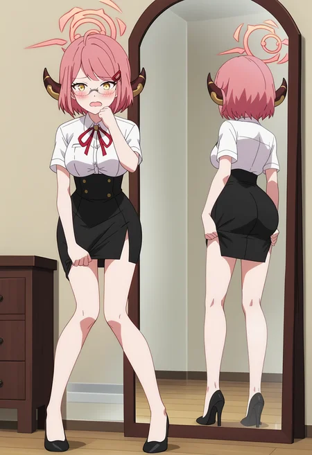 score_9, score_8_up, score_7_up, source_anime, rating_explicit, anime screencap, anime coloring,
BREAK
1girl, solo,
aged down, aruYNG, breasts, short hair, bangs, hair ornament, yellow eyes, white shirt, pink hair, short sleeves, horns, glasses, collared shirt, black skirt, black footwear, high heels, red ribbon, legs, bare legs, neck ribbon, halo, pencil skirt, high-waist skirt, looking at mirror, reflection, mirror, open mouth, shy, blush, wavy mouth, ;o, indoors, bedroom, covering privates, skirt pull,
<lora:shiAruV2-000014:0.9>,