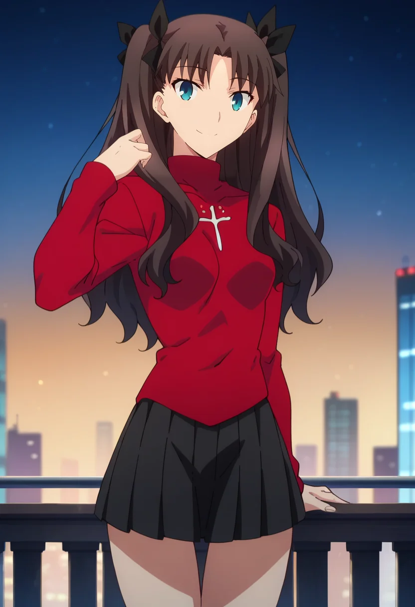 score_4, score_5, score_6, score_9, score_8_up, score_7_up, source_anime,
<lora:FateStayNightUBW_TohsakaRin:0.8>, TohsakaRin,
1girl, closed mouth, light smile,
brown hair, two side up, parted bangs, blue eyes, hair ribbon,
RinSweater, red sweater, black skirt, long sleeves, pleated skirt,
looking at viewer, thigh gap, facing viewer,
night, (cityscape:1.2)