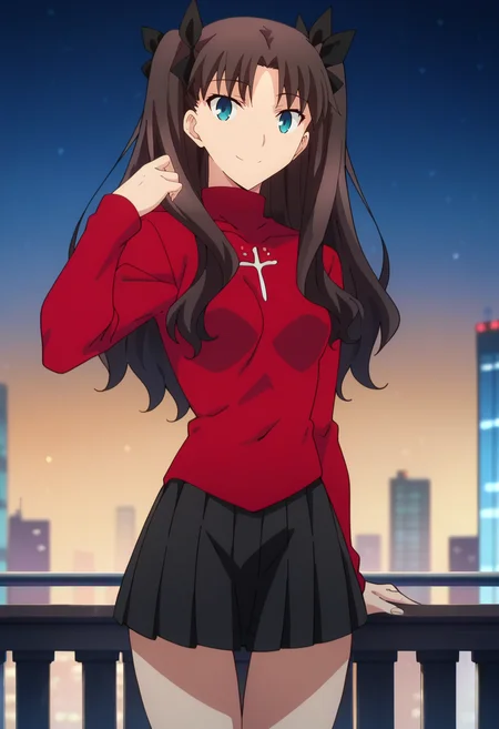 score_4, score_5, score_6, score_9, score_8_up, score_7_up, source_anime,
<lora:FateStayNightUBW_TohsakaRin:0.8>, TohsakaRin,
1girl, closed mouth, light smile,
brown hair, two side up, parted bangs, blue eyes, hair ribbon,
RinSweater, red sweater, black skirt, long sleeves, pleated skirt,
looking at viewer, thigh gap, facing viewer,
night, (cityscape:1.2)
