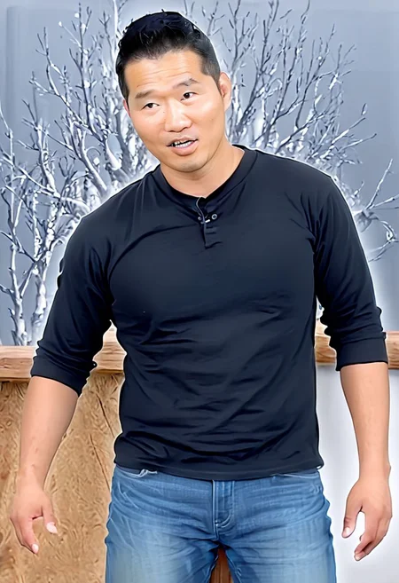 (((htkangface))), daddy, natural face expression, (((detailed HtKangface))), fixed htKangface Photorealistic, realistic, masterpiece, intricate details, detailed background, depth of field, photo of a handsome, dynamic pose, natural face expression, (((looking at viewer))), high detail, high quality, male focus, ((black shirt)), ((jeans))