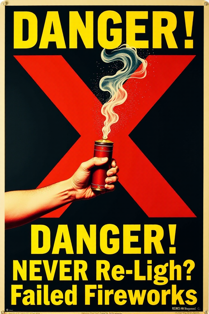 A stark, graphic vintage safety poster in shades of red, yellow, and black. It shows a hand reaching out to pick up a smoking, unexploded firework. A large, bold red "X" is superimposed over the firework. Below, in clear, blocky yellow letters: "DANGER! NEVER Re-light Failed Fireworks." Emphasize the immediate danger and the clear warning message.  <lora:REMEs_War_Poster_Style:0.95> In REME's War Poster Style,âââ