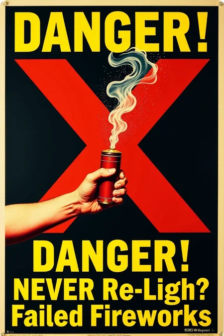 A stark, graphic vintage safety poster in shades of red, yellow, and black. It shows a hand reaching out to pick up a smoking, unexploded firework. A large, bold red "X" is superimposed over the firework. Below, in clear, blocky yellow letters: "DANGER! NEVER Re-light Failed Fireworks." Emphasize the immediate danger and the clear warning message.  <lora:REMEs_War_Poster_Style:0.95> In REME's War Poster Style,âââ
