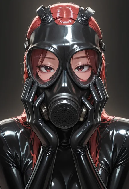 masterpiece, 4k, 1girl, sleek latex suit, bangs, gasmask over head, hands on face