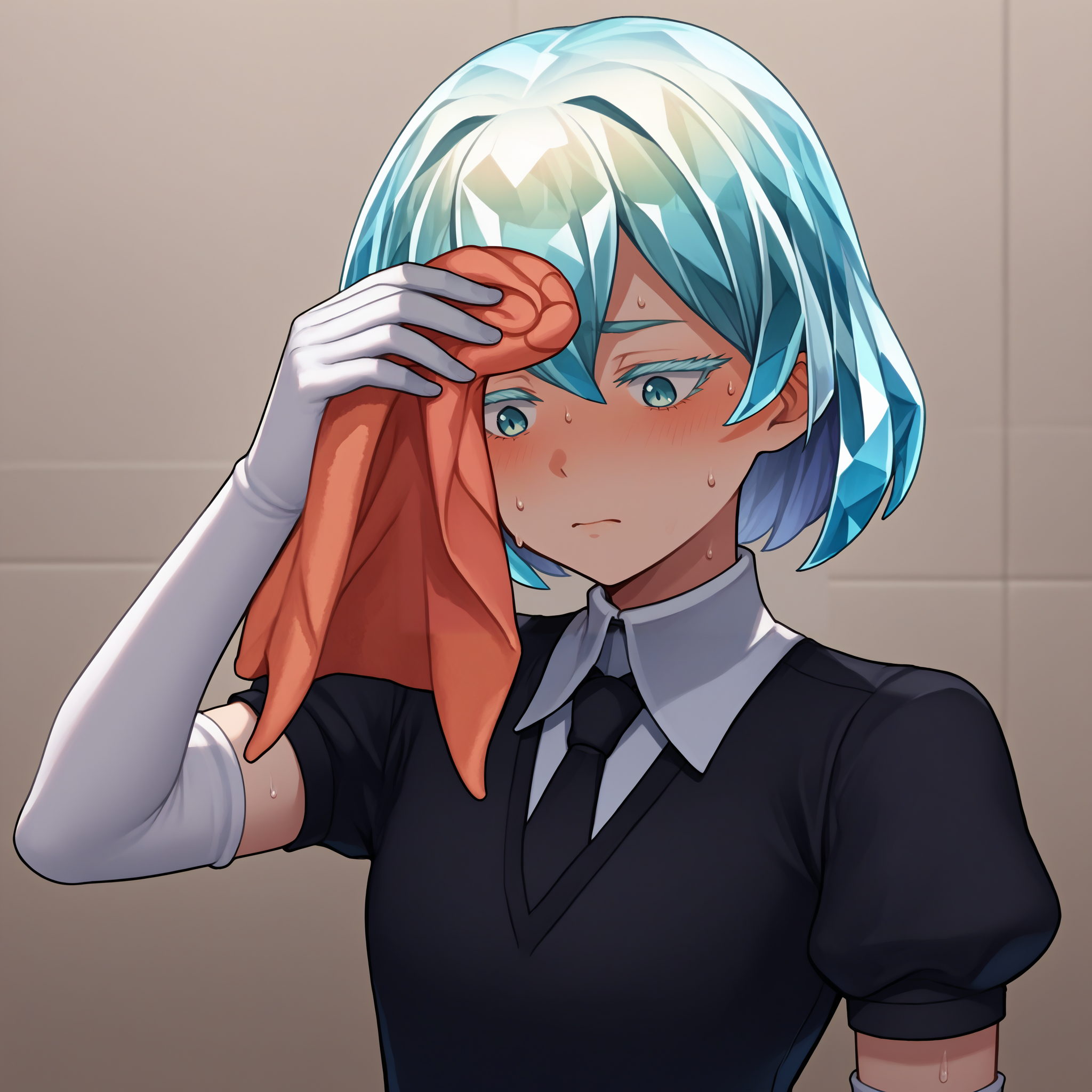 score_9, score_8_up, score_7_up, source_anime, 1girl, SweatingTowelGuy, sweat, towel, wiping sweat, <lora:SweatingTowelGuy_XLPD:1>, <lora:Hoseki_HousekiNoKuni_Diamond_PDXL_v1:0.8> hskdmnd, crystal hair, colored eyelashes, multicolored hair, short hair, black shirt, puffy short sleeves, collared shirt, black necktie, elbow gloves, white gloves,
