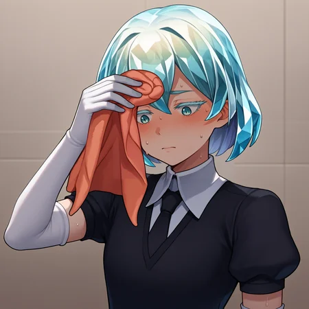 score_9, score_8_up, score_7_up, source_anime, 1girl, SweatingTowelGuy, sweat, towel, wiping sweat, <lora:SweatingTowelGuy_XLPD:1>, <lora:Hoseki_HousekiNoKuni_Diamond_PDXL_v1:0.8> hskdmnd, crystal hair, colored eyelashes, multicolored hair, short hair, black shirt, puffy short sleeves, collared shirt, black necktie, elbow gloves, white gloves,