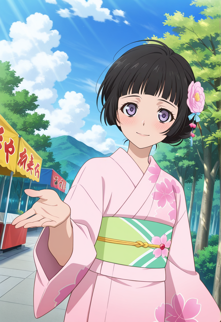 festival, blush, embarrassed, light smile, offering hand,
cowboy shot, dynamic angle,  
BREAK,
<lora:kohak_illustriousXL_v03:1>
kohakrnd, kohakykt, black hair, purple eyes, blunt bangs, tied hair, short hair, hair flower,
pink yukata, floral print, green sash,, source_anime, very aesthetic, anime coloring, masterpiece, 
best quality, amazing quality, ultra detailed, very aesthetic, 
detailed background, 
BREAK,, street, trees, clouds, day,