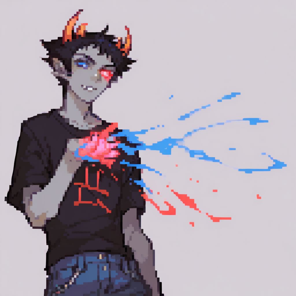 score_9, score_8_up, score_7_up, Sollux Captor, black hair, four horns, grey skin, black shirt, symbol on shirt, jeans, red and blue eyes, glowing hands