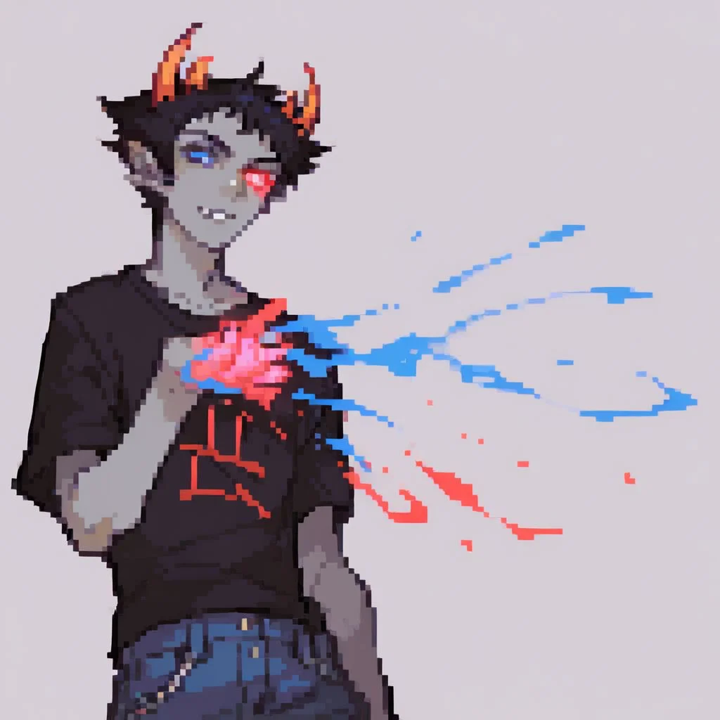 score_9, score_8_up, score_7_up, Sollux Captor, black hair, four horns, grey skin, black shirt, symbol on shirt, jeans, red and blue eyes, glowing hands