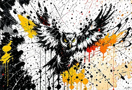 (Masterpiece, High Resolution, Ink Painting:1.2), (Dynamic splashes by Pollock:1.3), majestic owl, (wings outstretched:1.1), beady, piercing yellow eyes, [sharp beak:0.9], [feathers in shades of brown and white:0.9], perched on a branch, vibrant splashes of paint, [dripping and swirling:0.9], [colorful abstract background:0.8], [expressive brushstrokes:0.9], [dramatic contrast:0.9], [captivating composition:0.9], [fierce energy:0.9], dynamink, dyi