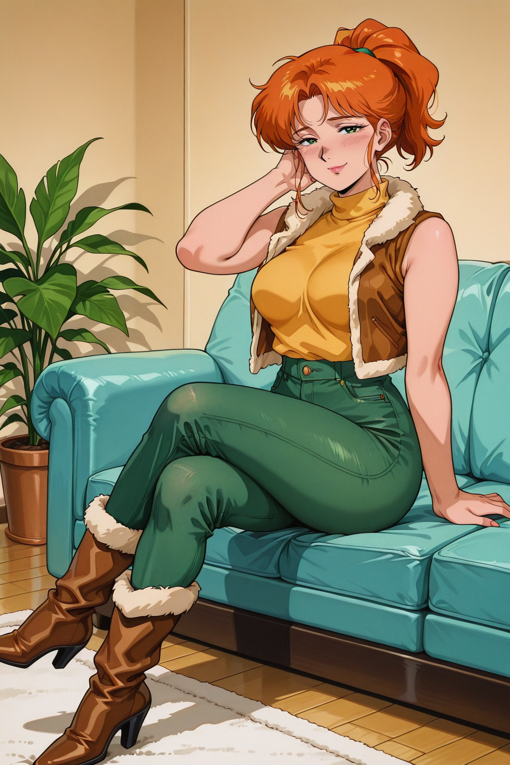 masterpiece,best quality,anime screencap,anime coloring,1980s \(style\),90s_anime_aesthetic,retro artstyle,
(looking at viewer:1.1),full body,solo,milf,mature female,
natural busty,blush,shy,contrapposto,half-closed eyes,smile,hand on knees,sitting on couch,crossed legs,adjusting hair,
<lora:Robin_-_IL:0.8>,large saggying breasts,Robin_SDV,Green eyes,orange hair,ponytail,yellow turtleneck,green pants,brown vest,fur trim,tight jeans,high heel boots,
living room,<lora:90s_anime_aesthetic_illustriousXL:0.7>,