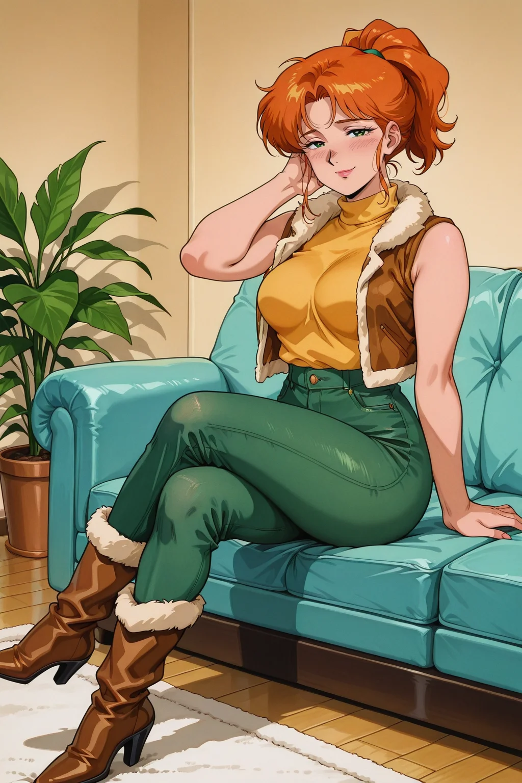 masterpiece,best quality,anime screencap,anime coloring,1980s \(style\),90s_anime_aesthetic,retro artstyle,
(looking at viewer:1.1),full body,solo,milf,mature female,
natural busty,blush,shy,contrapposto,half-closed eyes,smile,hand on knees,sitting on couch,crossed legs,adjusting hair,
<lora:Robin_-_IL:0.8>,large saggying breasts,Robin_SDV,Green eyes,orange hair,ponytail,yellow turtleneck,green pants,brown vest,fur trim,tight jeans,high heel boots,
living room,<lora:90s_anime_aesthetic_illustriousXL:0.7>,