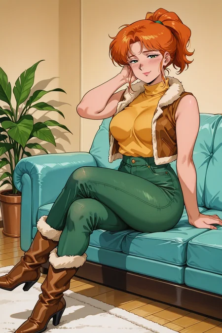 masterpiece,best quality,anime screencap,anime coloring,1980s \(style\),90s_anime_aesthetic,retro artstyle,
(looking at viewer:1.1),full body,solo,milf,mature female,
natural busty,blush,shy,contrapposto,half-closed eyes,smile,hand on knees,sitting on couch,crossed legs,adjusting hair,
<lora:Robin_-_IL:0.8>,large saggying breasts,Robin_SDV,Green eyes,orange hair,ponytail,yellow turtleneck,green pants,brown vest,fur trim,tight jeans,high heel boots,
living room,<lora:90s_anime_aesthetic_illustriousXL:0.7>,