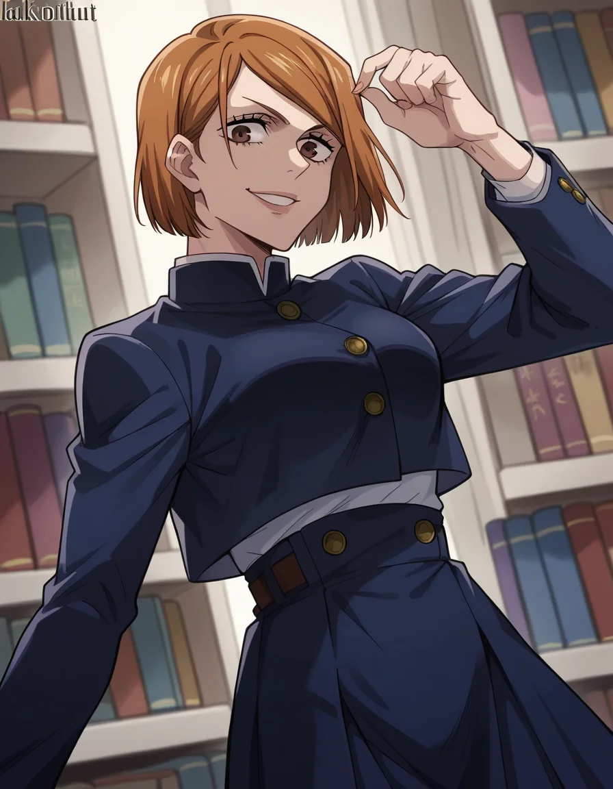 score_9, score_8_up, score_7_up, source_anime, <lora:nobara-kugisaki-s1s2-ponyxl-lora-nochekaiser:1>, nobara kugisaki, kugisaki nobara, bob cut, brown eyes, brown hair, lips, short hair, large breasts,, skirt, school uniform, jacket, cropped jacket, jitome, high-waist skirt, gakuran,, bookstore, browsing shelves, new book smell, finding a favorite, quiet atmosphere, smile, looking at viewer, solo,, cowboy shot, dutch angle