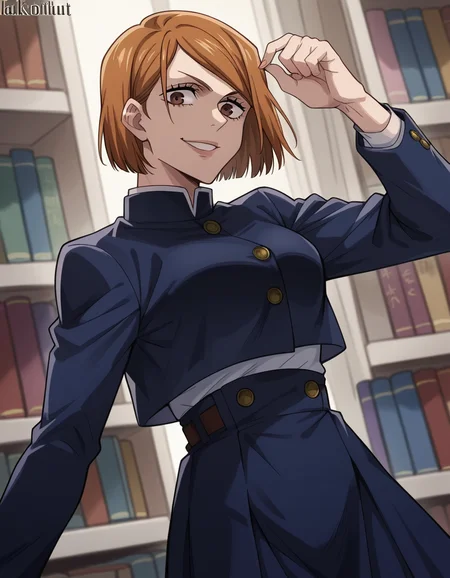 score_9, score_8_up, score_7_up, source_anime, <lora:nobara-kugisaki-s1s2-ponyxl-lora-nochekaiser:1>, nobara kugisaki, kugisaki nobara, bob cut, brown eyes, brown hair, lips, short hair, large breasts,, skirt, school uniform, jacket, cropped jacket, jitome, high-waist skirt, gakuran,, bookstore, browsing shelves, new book smell, finding a favorite, quiet atmosphere, smile, looking at viewer, solo,, cowboy shot, dutch angle