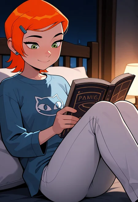 ((screencap, cartoon)) , masterpiece, best quality, amazing quality, very aesthetic, absurdres, newest,
gwenos, short hair, hairclip, orange hair, 1girl, , earrings, ((solo)),, eye liner, green eyes
winter coat, tall collar, blue shirt,, cat print, white pants
reading comic book, sitting on bed, bunk bed, night light, dark scene, night time, extremely dark, smile