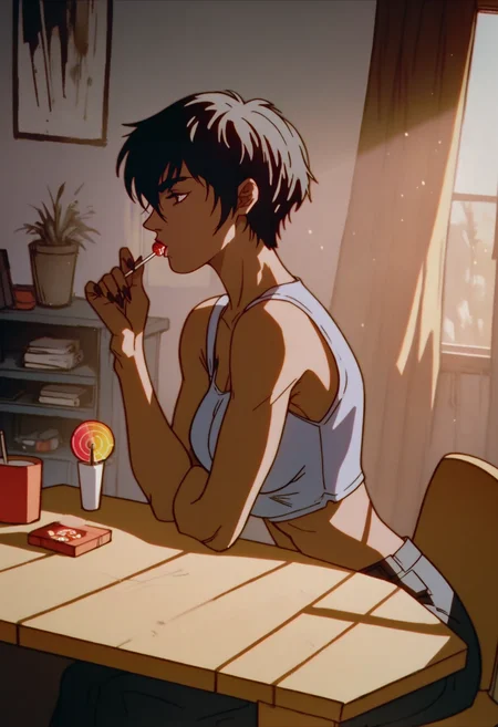 score_9, score_8_up, score_7_up, score_6_up, score_5_up, score_4_up,
<lora:BerserkV5:1> berserk,
casca, 1girl, solo, medium breasts, crop top, lollipop, sitting, table, indoors, apartment, furniture,