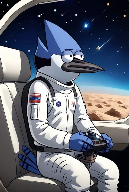 score_9, score_8_up, score_8,
<lora:Mordecai_Regular_Show_for_PonyXl:0.8> 1boy, black eyes, male focus, m0rd3ca1, blue jay, solo, tail,
parody, source_cartoon,
space suit, astronaut, cockpit, sitting,