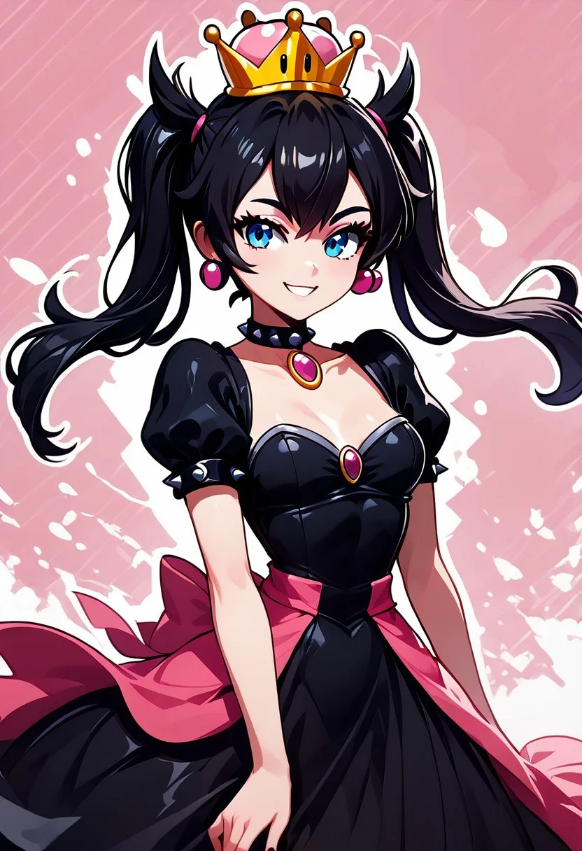 score_9, score_8_up, score_8, medium breasts, (curvy), cute, eyelashes, BREAK, ,
,,,
zzShadowHimeMarnieCitron, super crown, black hair, twintails, asymmetric bangs, black dress, pink gemstone, pink waist bow, bangs, dress, jewelry, short sleeves, earrings, choker, black dress, black choker,
,,,
smile, looking at viewer,
,,,
abstract background, white outline, cowboy shot,
,,,
embedding:zPDXL, Expressiveh,