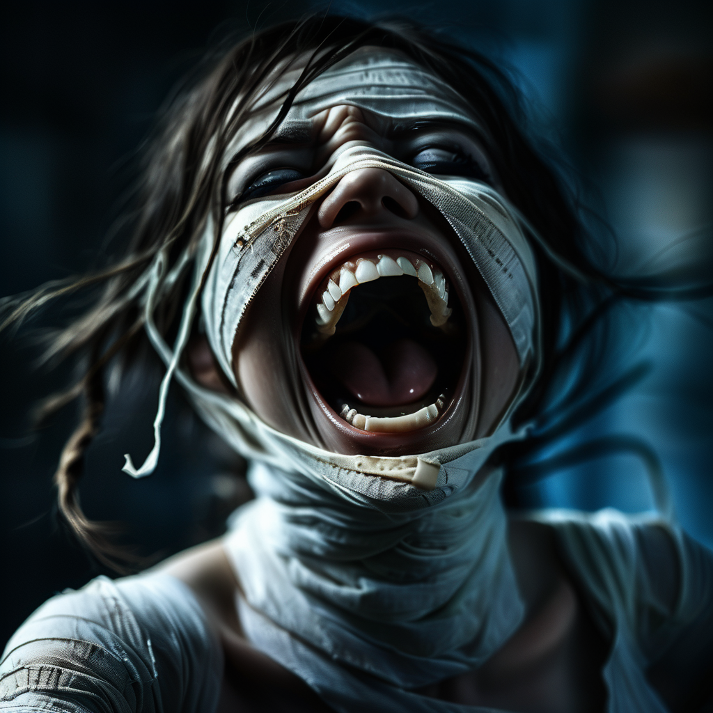 screaming mummy girl with open mouth and visible teeth, bandages, blue eye, professional photo, very detailed and dramatic, expressive cinematic, darkness, bokeh f1.2<lora:mummy:1>