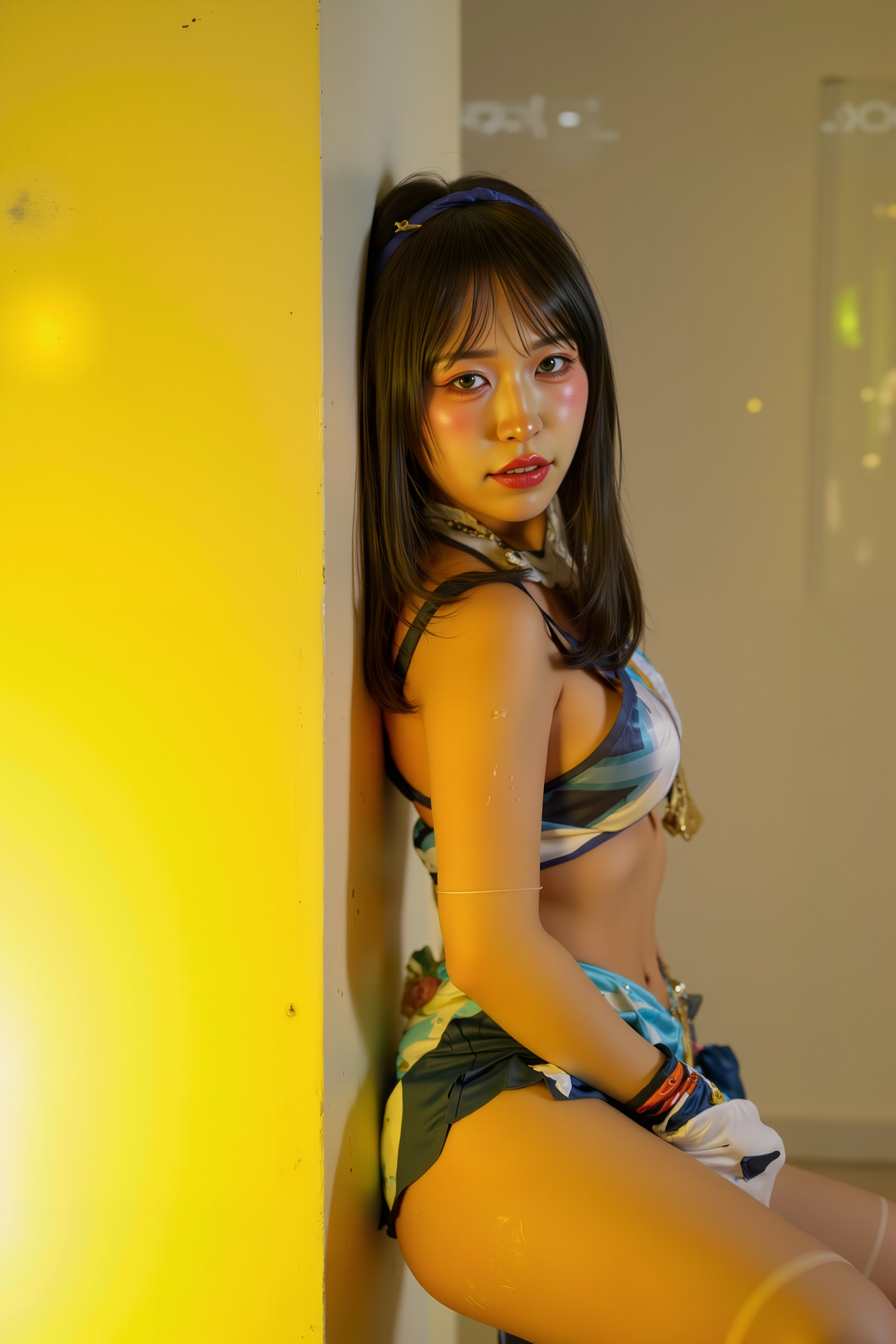 Professional high-resolution photograph featuring a young woman standing with her back slightly leaned against a clean, neutral-toned wall, one knee slightly bent, foot pressed softly against the wall. Her arms are relaxed at her sides or loosely folded, creating an effortlessly stylish yet composed pose. Gentle lighting emphasizes her elegant posture.

She is wearing a SGWN53Clothing. Her makeup is dramatic, with dark eyeliner and bold, glossy pink lips. 

The lighting features a high-contrast, monochromatic white color scheme that creates a moody, intimate atmosphere. 

The photography technique uses what appears to be soft lighting to create a glamorous effect, with careful attention to highlighting contours while maintaining the dominant light yellow color scheme throughout the frame.

The overall aesthetic combines elements of fashion photography, traditional Asian visual motifs, and contemporary boudoir styling. The dramatic light yellow lighting creates a cohesive visual theme that ties all elements of the composition together.

The white light emit on her to show her feature.