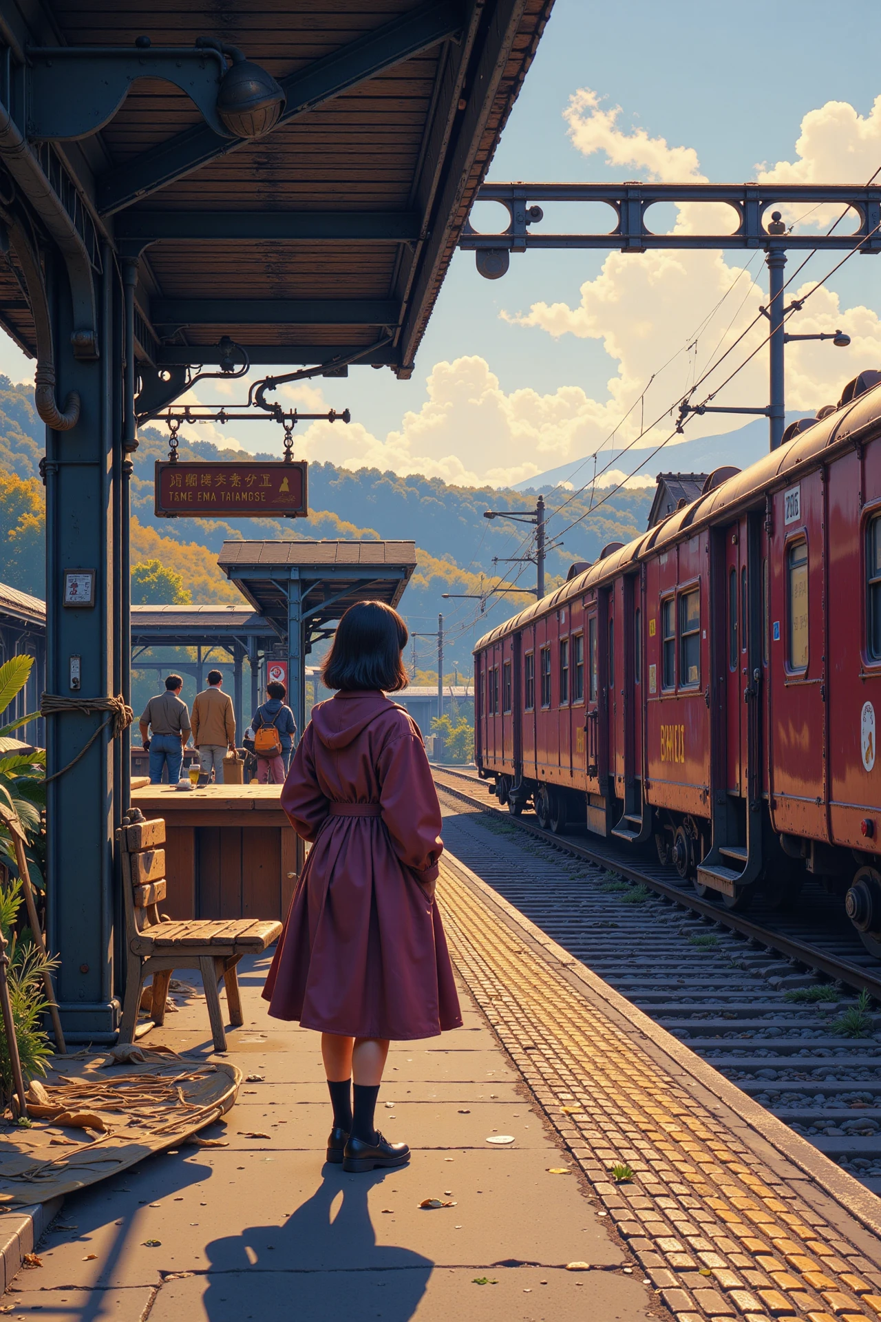 A woman waiting for a train at the station beautiful  landscape, early morning, woman, very intricate, very detailed, sharp, bright, colorful, <lora:Hand v2:0.5> <lora:Anti-Blur:1><lora:Insane Detail Slider:0.25>  <lora:flux.1_lora_flyway_Epic-detail_v2:0.3> <lora:fluxenhancer:0.25>   <lora:anime_retro:1> anime_martz, anime_retro