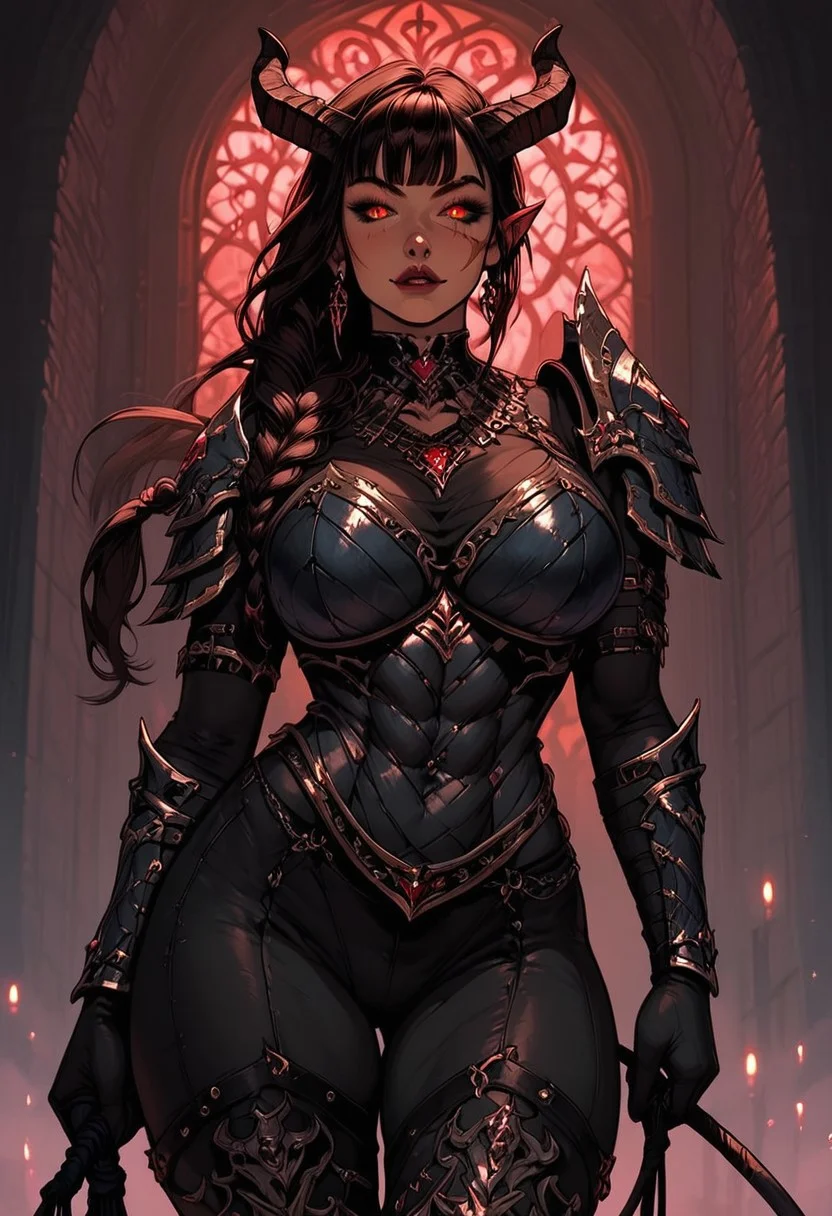 Score_9, Score8_up, Score_7_up, (((High Resolution, Best Quality))),
1girl, succubus, horns, solo, beautiful face, lean muscle, muscle mass, warpaint, detailed eyes, red eyes, braided ponytail, tight armor, demonic armor, dark armor, jagged armor, chainmail, large breasts, demon guard, many scars, scar over eye, fur lined, wide hips, toned, bangs, tattoo, jewelry, beautiful lights, inside, demonic throne, obsidian, obsidian walls, holding a whip, demonic whip,