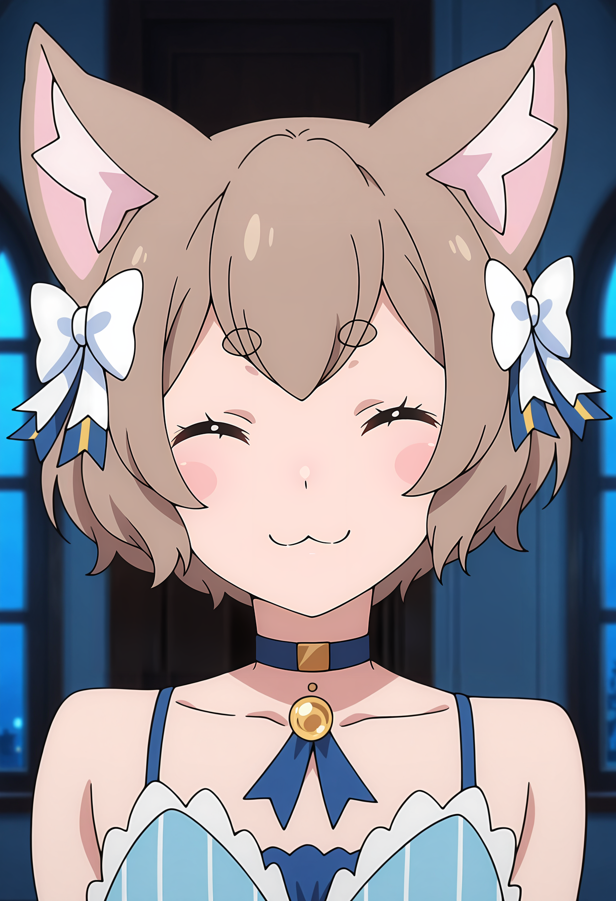 anime screencap, masterpiece, best quality,
<lora:ReZero_FelixArgyle_IlluXL:0.9>,
1boy, solo, :3, blush stickers, happy, smile,
short hair, brown hair, ^ ^, short eyebrows, cat ears, hair bow, white bow,
pendant choker, blue choker, bare shoulders, vertical-striped dress, blue dress,
looking at viewer, portrait, close-up,
indoors, curtain, window, night, dark, blue theme, medieval, photo background, blurry background
