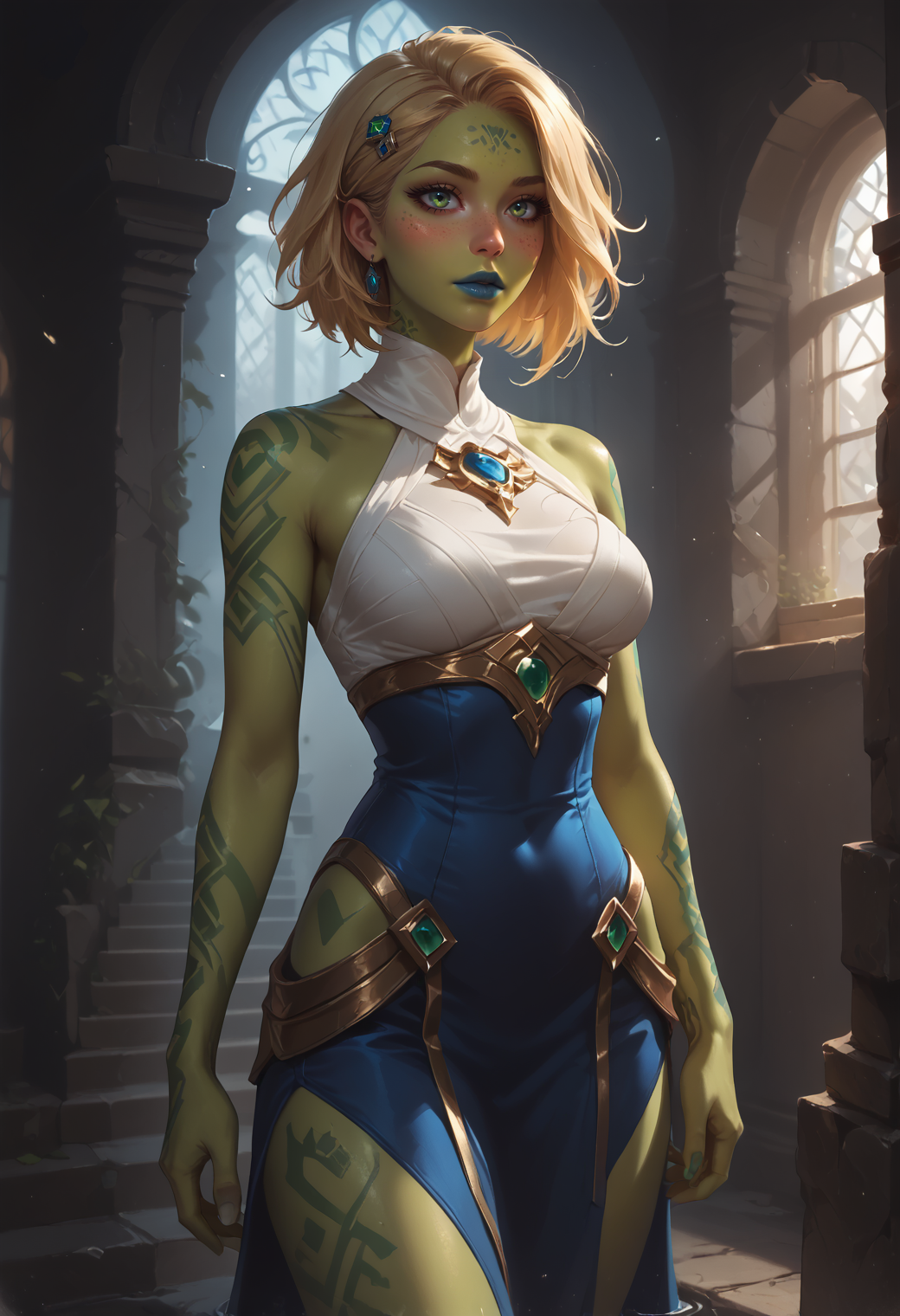 safe_pos, score_9, score_8_up, score_7_up, source_anime, source_western, source_comic BREAK 1girl, solo, human, medium ash_blonde hair, side part hair with hairpin, green eyes, colorful tattoo ,body freckles , Olive skin, slender body, attractive figure, large breasts, perfect hands, <lora:minigts:0.5> tallgts, fantasy BREAK fantasy, (contemplative:1.0),, dungeon, standing, waist-up portrait, contrapposto, white toga, blue high-waist skirt, colored lips BREAK ((dynamic angle)), dramatic lighting BREAK <lora:vivid_everclear:0.4> <lora:RELSM_v1:0.5> <lora:FantasyGPT4VLycoXL:0.6> <lora:FNTS:0.6> FNTS, <lora:Expressive_H:0.6> Expressiveh, <lora:pony_good_hands:0.7> good_hands