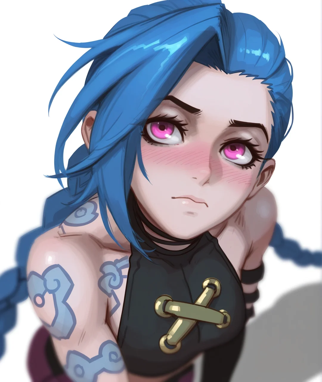 absurdres, highres, masterpiece, 2d, intricate details, 4k,
1girl, solo, female, eyelashes, nose, nose blush, blue hair, braid, long braid, long hair, pink eyes, tattoo, twin braids, very long hair, jinx \(league of legends\), arcane jinx,
depth of field, white background, shadow, <lora:DudeUnderscore_ILXL:1>, dudeunderscore, parody, style parody, a detailed painting, blurry,